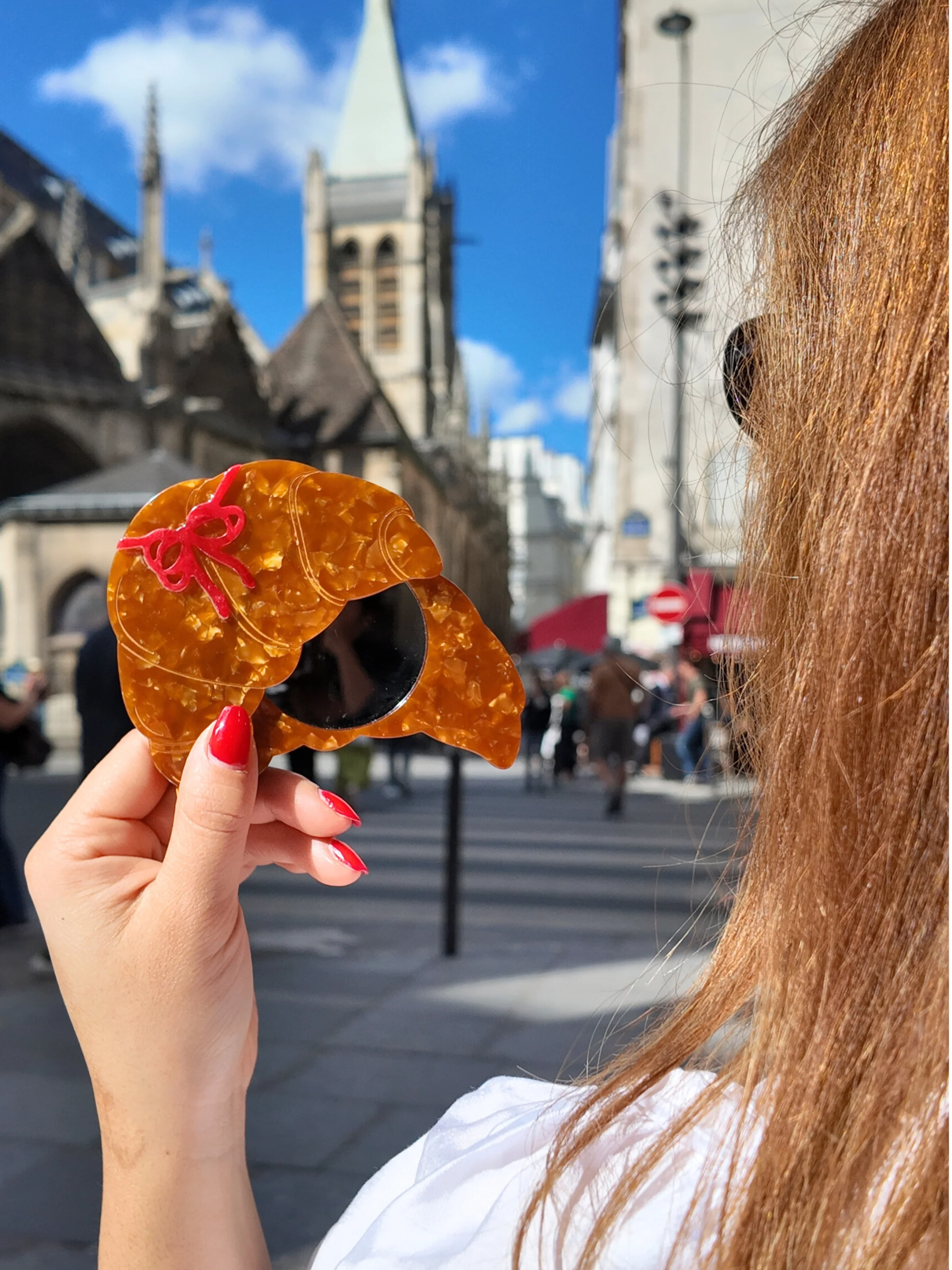 Hand-painted Bow Croissant Compact Mirror | Eco-Friendly - Image 2
