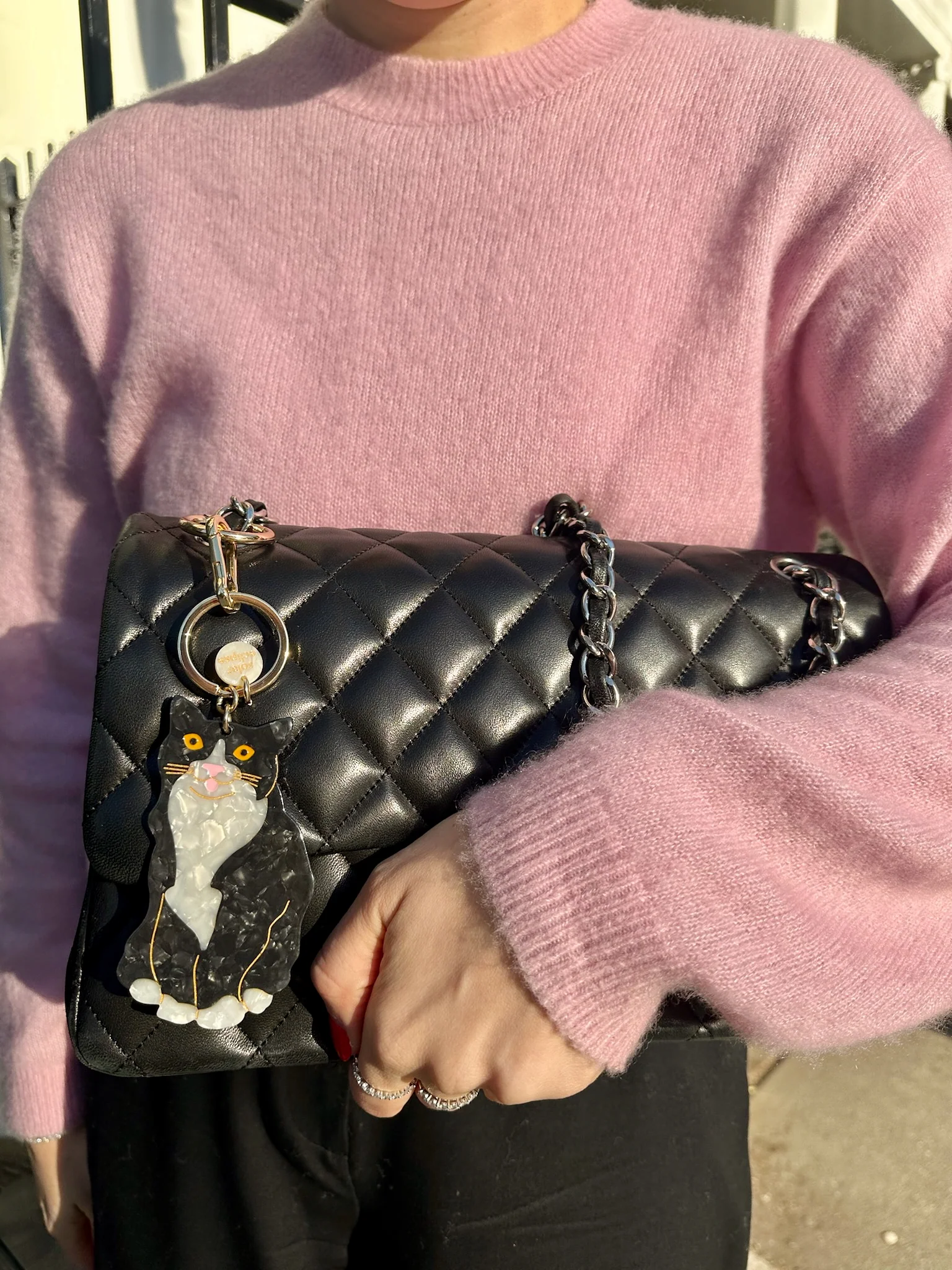 Hand-painted Tuxedo Cat Bag Charm + Keychain | Eco-Friendly - Image 4