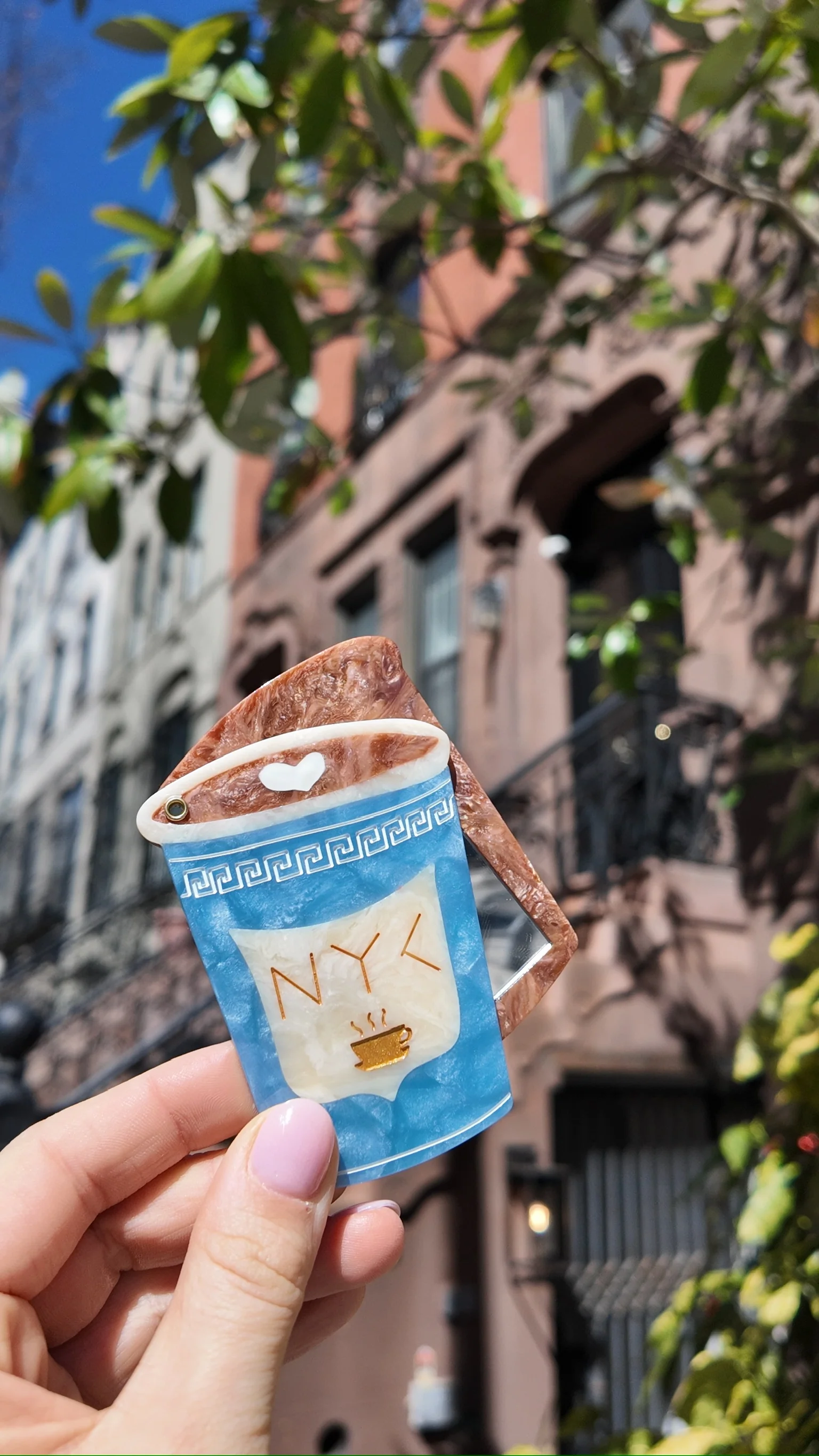 Hand-painted NYC Coffee Cup Compact Mirror | Eco-Friendly - Image 2
